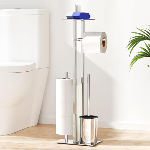 Suporte para rolos de papel higiénico de aço inoxidável de pé com escova e bandeja, suporte para sanita