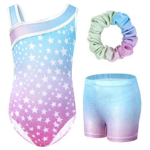 Gogokids Conjunto de ginástica de três peças para menina, decote em Y, sem mangas, com calções e bandana, fato de ginástica com design de blocos de cor azul e roxo, 3-12 anos