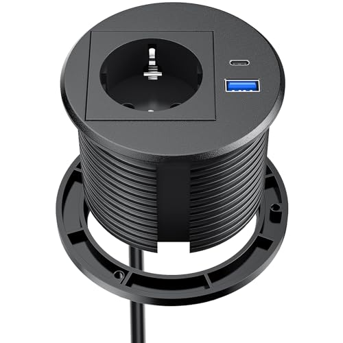 Tomada embutida para secretária com USB C, Ohuo tomada retrátil com USB A e C para bancada de cozinha, cabo de 2 m, cor preta