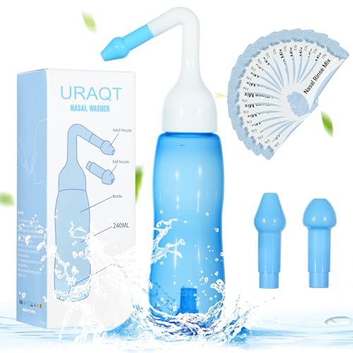 URAQT Lavagem nasal para adultos, irrigador nasal de 240 ml com 2 bicos, Neti Pot com sal nasal e termómetro autocolante, limpador nasal crianças adulto para alívio congestão nasal e limpeza nasal