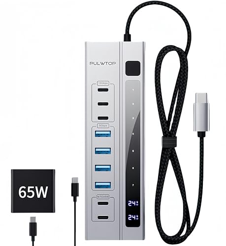 PULWTOP Hub USB alimentado com adaptador de PD de 65 W, hub USB 3.2 com USB-C 10 Gbps, USBA de 5 Gbps e 2 portas de carregamento USBC PD de 24/45 W, hub USB para portáteis e tablets MacBook