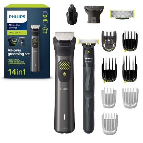 Philips Aparador de barba série 9000, máquina de cortar cabelo, corta-pelos para homem, kit 14 em 1 para rosto, cabelo, orelhas, nariz e corpo, 120 min de uso, seco e húmido, recarregável, OneBlade,