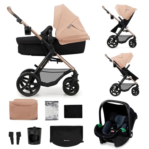 Kinderkraft MOOV2 Cadeira de carro 3 em 1, EVA, Mink PRO I-Size, sistema de viagem, carrinho de bebé, carrinho de passeio, dobrável, para recém-nascido, desde o nascimento até aos 3 anos, bege