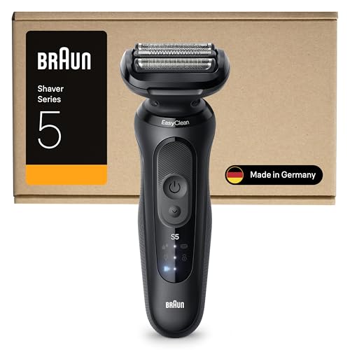 Braun Máquina de barbear elétrica homem série 5, máquina de barbear a seco e molhado, 2 modos de barbear, 50 min de uso, lâminas flexíveis, carregamento rápido, estojo de viagem, 52-N1000SI, preto