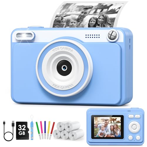 GREENKINDER Câmara fotos infantis instantâneas, HD/1080P câmara instantânea para crianças com cartão de 32 GB e 5 rolos de papel térmico, câmara fotos infantis presentes de brinquedo para crianças de