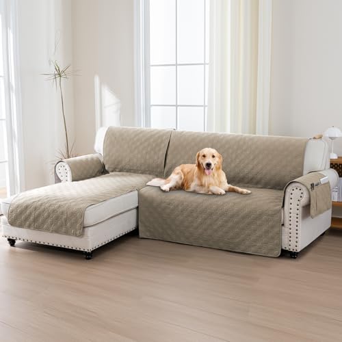 BellaHills Capa sofá Chaise Long, capa de 3 lugares, capas sofá haise braço esquerdo, 100% capa sofá impermeável em forma de L 247 cm, caqui claro
