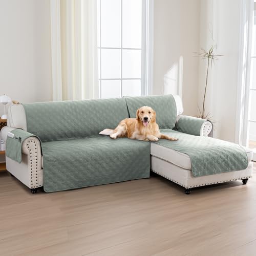BellaHills Capa sofá Chaise Long, capa sofá 3 praças, capa sofá Chaise longo acolchoado braço direito forma de L 247 cm, 100% capa sofá impermeável, verde claro