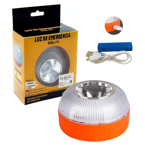 MAGIC SELECT Luz de emergência V16 para sinalização de estrada de carro e motociclo. Luz amarela intermitente e branca fixa com ignição automática, base estampada e bateria recarregável. Sem GPS.