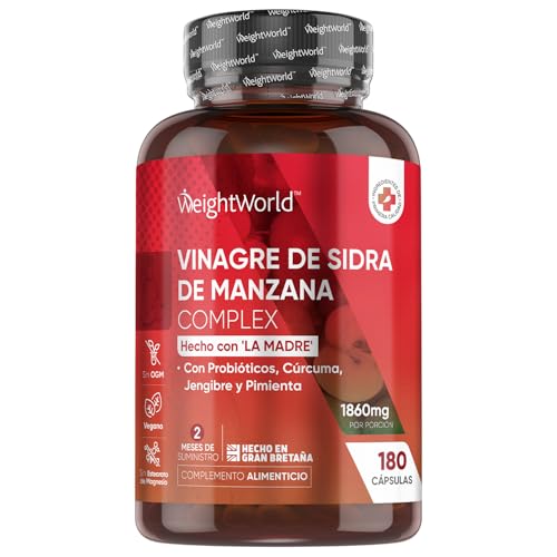 Vinagre de sidra de maçã com a mãe, 1860 mg - 180 cápsulas com probióticos, açafrão, gengibre e pimenta de caiena, suplemento para 2 meses de fornecimento, sem lactose e adequado para veganos