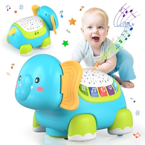 Lehoo Castle Projetor de elefante musical para crianças de 1 ano, 3-6-9-12 meses para bebé interativo brinquedos para gatear com música relaxante e luzes coloridas, presentes originais bebés 12 3 anos