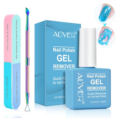 Removedor verniz gel de 15 ml com lima de unhas e empurrador de cutícula, removedor de esmalte semipermanente, permanente para unhas, elimina facilmente e rapidamente o esmalte em 3-5 minutos, não