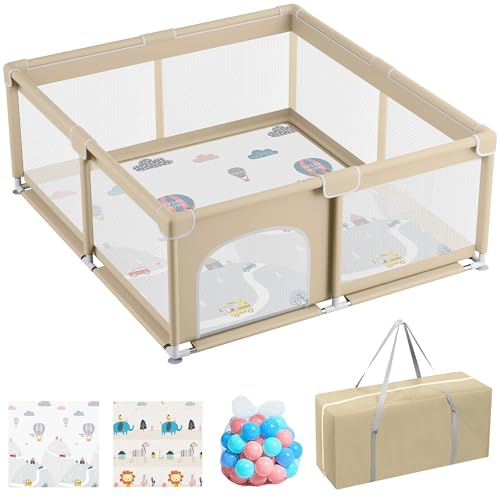 JUPPLIES Parque infantil, 120 x 120 cm + tapete 50 bolas seguidores sacos de transporte, corrimão bebé com malha respirável, parque de jogos - Playpen (bege)
