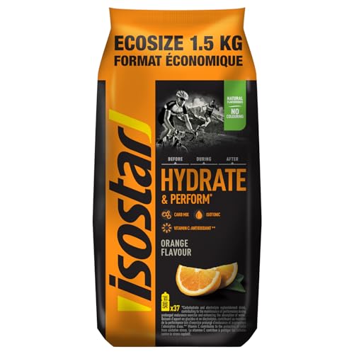 Isostar Hydrate & Perform, 1,5 kg de bebida eletrolítica isotónica, bebida de reposição de hidratos de carbono e eletrólitos, sabor laranja, 37 porções