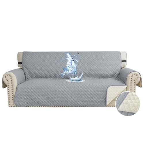 CYCMACO Capa para sofá impermeável de 3 lugares, cobre sofás anti-riscos gatos, Couch Cover antiderrapante anti-manchas, universal, com apoios de braços, lavável, cinzento claro