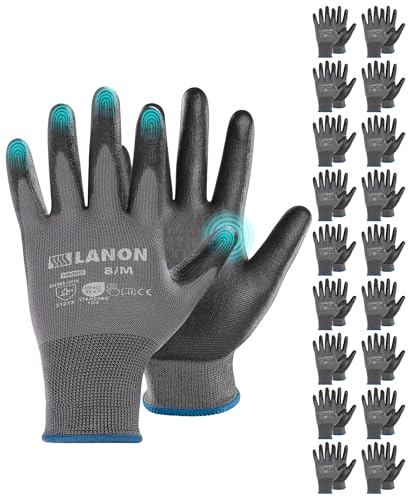 LANON Luvas de trabalho de 18 pares, revestimentos de PU, luvas de segurança multiusos para homens e mulheres, tecido sem costuras, cinzento, tamanho 7/S