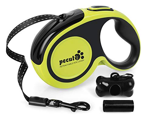 Pecute Trela extensível para cão, trelas Flexi de 5 metros com costuras refletoras luminosas para cães pequenos e médios, tela cao extensível com saco de lixo, até 30 kg