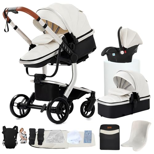 NADDLILY Carrinho de couro PU para bebé 3 em 1, carrinho de bebé com design portátil dobrável de um clique, carrinho bebé de 3 peças com empurrão reversível bidirecional, carrinho de bebé de 3 peças