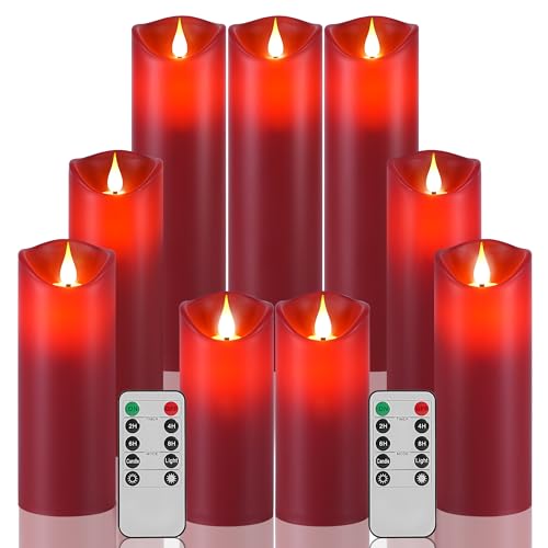 Vela LED sem chama piscando vela falsa elétrica com controlo remoto, controlo temporizador de vela de bateria impermeável ao ar livre, 9 pacotes vermelhos