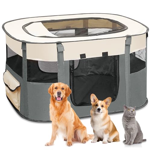 Parque dobrável e portátil para cães, cachorros e coelhos - para interiores, tamanho M (cinzento)
