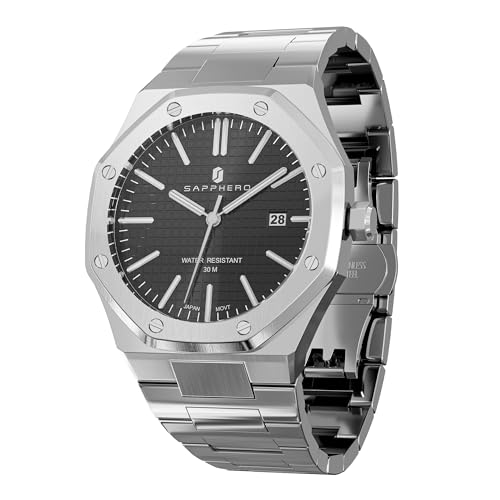 SAPPHERO Relógio de homem impermeável 30 m quartzo prata correia de aço inoxidável data calendário preto azul homens relógios presentes de pulseira para homens