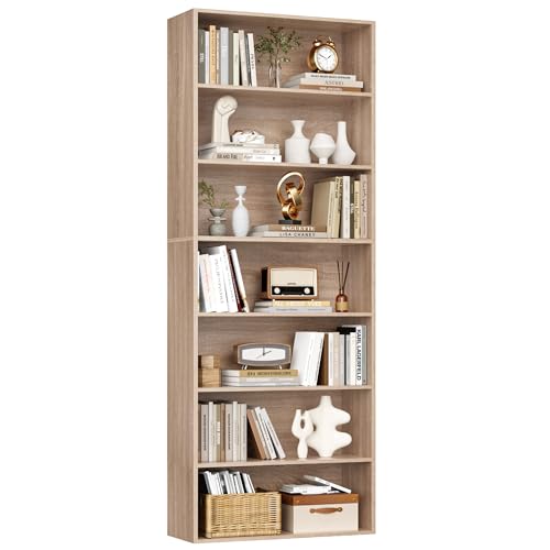 FirFurd 209,5 cm, prateleiras de armazenamento de madeira, livraria com 7 bordas, prateleiras livros, livraria estante, para sala de estar, estúdio, quarto (carvalho claro)
