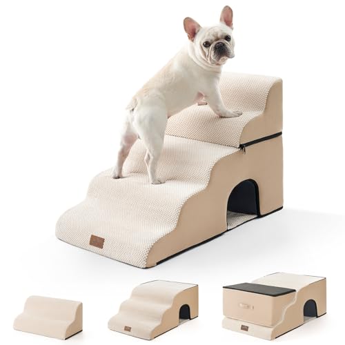 COZY KISS Escadas largas para cães com túnel de 19,7" de largura, grande degrau desmontável de espuma para cães pequenos, cachorros ou gatos (bege, 50 x 83 x 57 cm - Buco, 5,0