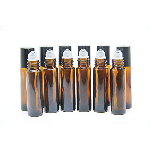 Yizhao Castanho Roll On Vidro para óleos essenciais de 10 ml, com rolo de aço inoxidável, para óleos essenciais, massagem, aromaterapia, garrafa de laboratório de 12 unidades