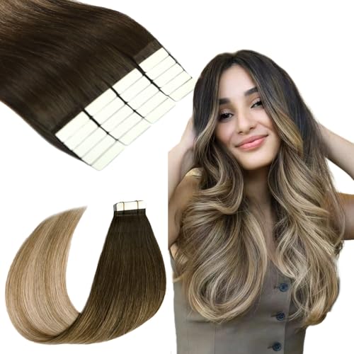 SURNEL Extensões adesivas cabelo natural castanho escuro a castanho e loiro sujo destacado 45 cm 50 g 20 peças extensões adesivas extensões de cabelo Remy cabelo humano natural (T#2/6/18-45 cm)