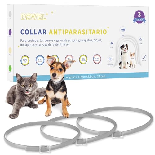 DEWEL Coleiras antiparasitárias, coleiras contra pulgas e carraças para cães e gatos, coleiras antiderrapantes ajustáveis para animais de estimação, cinzento, 34,5 cm)