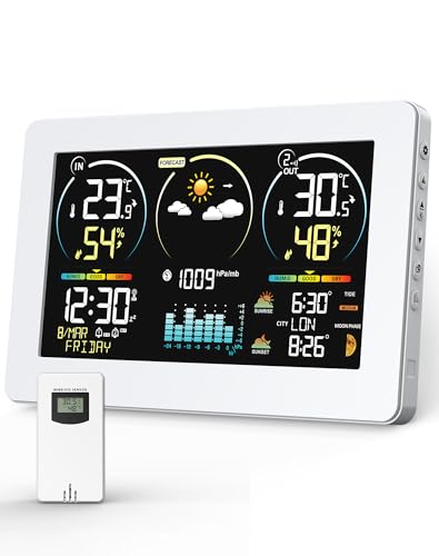Estação meteorológica com sensor de exterior, termómetro meteorológico digital sem fios com ecrã a cores e relógio DCF, previsão meteorológica com luz de fundo ajustável e calendário