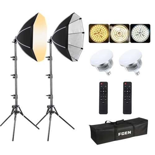 FGen Softbox, 2 x 85 W 2700-6400 K iluminação de fotografia, 2 x 50 cm Octogen softbox kit fotografia com 1,5 m totalmente ajustável suportes de luz para fotografia de retrato, Live Streaming, Youtube