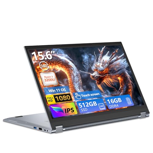Computador portátil 2 em 1, PC portátil R3 3200U CPU, Win 11 computador portátil 16 GB RAM 512 GB SSD, 15,6 polegadas computador portátil ecrã tátil rotativo de 360°, Radeon Graphics GPU, RJ45+tipo