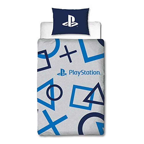 Playstation - Capa de edredão para cama de solteiro, cor azul, com licença oficial da Sony Playstation, reversível, design de roupa de cama com fronha de almofada a condizer, polialgodão, azul