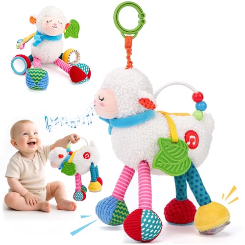 hahaland Brinquedos bebés 6-12 meses - chocalho musical de peluche com 4 música, mordedor, espelho - brinquedo carrinho bebé 0-3 6 meses presente recém-nascido