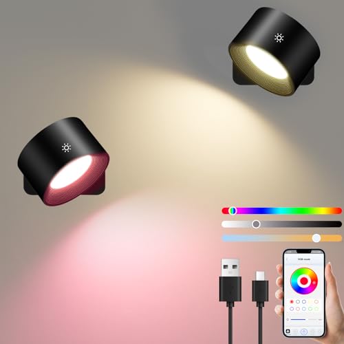 Diealles Shine Smart Aplique parede interior 2 peças, candeeiro de parede recarregável, regulável apliques de parede giratórias de 360°, RGB e ambiente, aplicação e controlo tátil, preto
