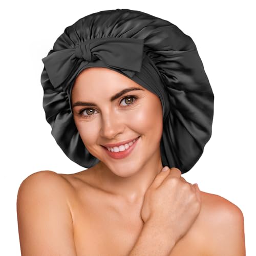 Umisleep 100 % 22 Momme gorro de seda de amoreira para dormir, gorro de noite de seda suave de camada dupla para cabelo encaracolado, respirável, correia larga ajustável para prender à cabeça, preto