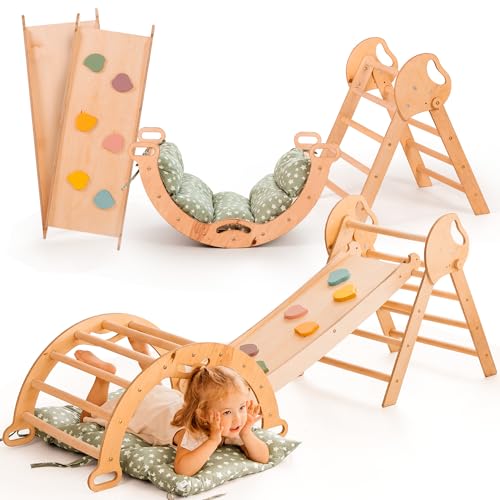 Goodevas Estrutura de escalada 5 em 1 para crianças, escada em triângulo, arco de escalada, Balance Board e almofada, estrutura de escalada Montessori, ginásio de madeira para crianças de 1 a 3 anos