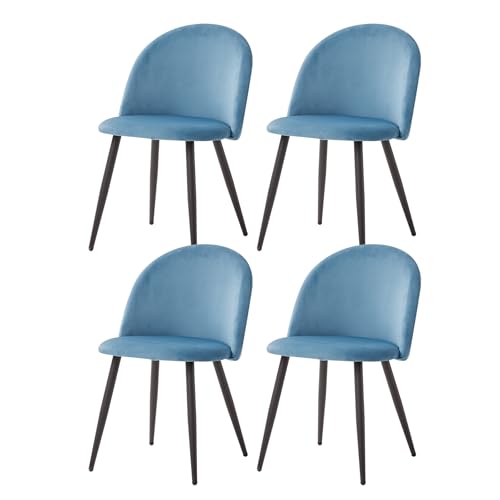 GrandCA HOME Conjunto de 4 cadeiras de sala de jantar de veludo, cadeiras de cozinha com pernas de metal preto, cadeiras de sala de jantar laterais estofada para sala de estar, azul-BK