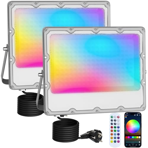 MEEKBOS 2 peças com lâmpada LED RGB para exterior, 150 W, lâmpada LED regulável com APP Bluetooth e controlo remoto 2,4 G, IP66, 16 milhões de cores DIY, para jardim, festas, Páscoa, Halloween, 15000