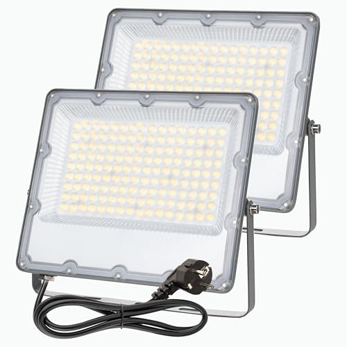 MEEKBOS 2 Peças Foco LED para exterior, 100 W, IP66 impermeável, 10000 LM, 6500 K luz branca fria, com tomada UE para jardim, pátios, estacionamento, hotel, navios etc