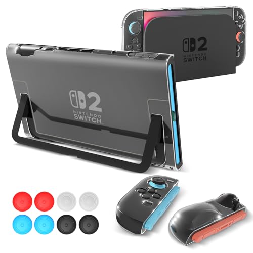 Teyomi Funda transparente acoplable compatible con Nintendo Switch 2, funda protectora transparente compatible con Nintendo Switch 2 con 2 fundas Joy-Con de TPU y 6 agarres para el pulgar, a prueba de