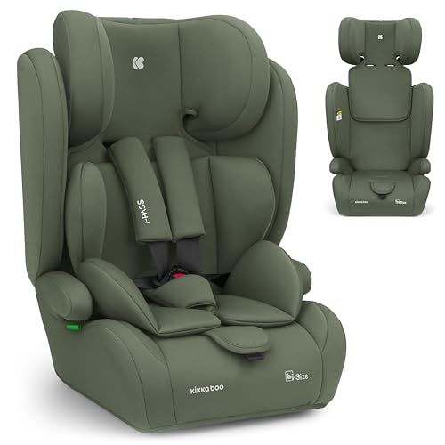 KikkaBoo i-Pass Cadeira de carro, grupo 1/2/3, 9-36 kg (76-150 cm), cadeira carro bebé e crianças, apoio de cabeça 13 posições, 15 meses a 12 anos, cadeira automática, verde militar