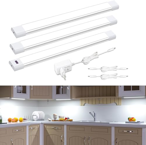 WOBANE Luz LED de cozinha sob móveis, 3 * 30 cm regulável barra luz armário com sensor sem contacto, luzes de cozinha sob móveis com tomada, luz LED adesiva para armário, estanteria, branco frio 6000