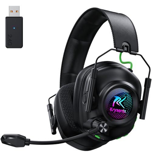 Krysenix KGH2 Capacetes Gaming sem fios, 2,4 GHz auriculares Gaming para PS4, PS5, PC, Mac, Switch, auriculares Bluetooth com microfone, cancelamento de ruído, luz LED e duração 40 Hr+, preto
