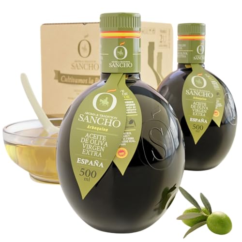 Azeite de azeitona virgem extra arbequina pack premium 2 x 500 ml garrafa de vidro AOVE SANCHO Gourmet suave aroma fruta colheita precoce primeira extração a frio origem Espanha DOP a mancha