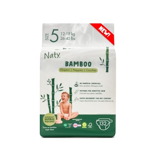 Naty Bamboo Fraldas de viscose de bambu, suavidade sedosa, fraldas de origem vegetal, testadas dermatologicamente para pele sensível e super absorventes (tamanho 5, 132 unidades)