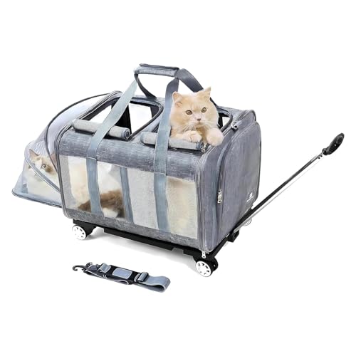 BEAUTYMONKEY.K Transporte duplo para 2 gatos com rodas, 2 compartimentos independentes, base removível e correias de segurança, respirável, viagens ideais em carro/veterinário, 55 x 44 x 33 cm)