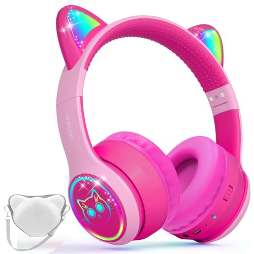 iFecco Auriculares Bluetooth para crianças com microfone, auriculares infantis sem fios com estojo, Led Light Cat Ear auriculares para aniversários viagens escola presentes