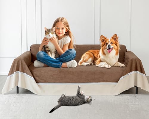 Loiion Capa anti-riscos para gatos sofá, capa de sofá de 3 lugares, protetor de sofá para gatos, riscos e cães de estimação, antiderrapante, anti-manchas, castanho, 380 x 230 cm