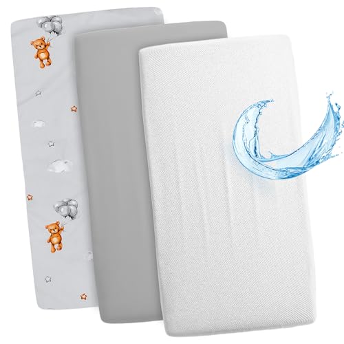 Lençóis ajustáveis para carrinho de bebé conjunto de 3: 120 x 60 cm, 2 lençóis 1 protetor de colchão impermeável, acessórios para berço de bebé e miniberço ursos de peluche